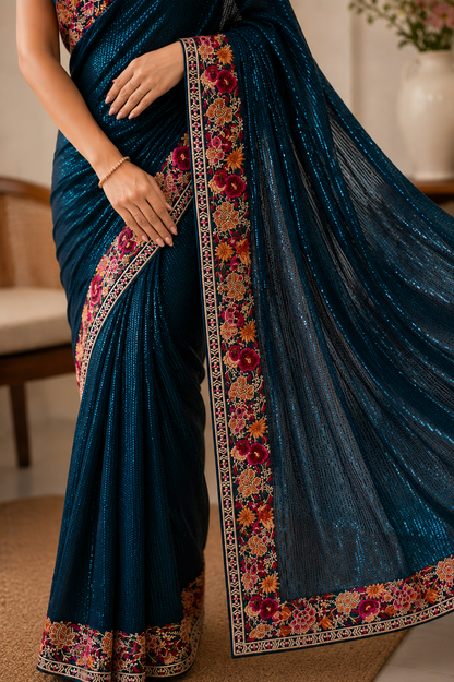 Midnight Teal Sequin Saree