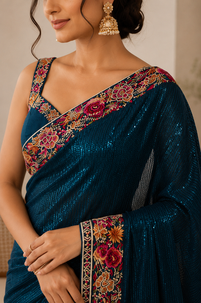 Midnight Teal Sequin Saree