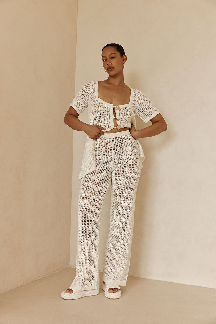 White Crochet Knit high Waist Milana Pants