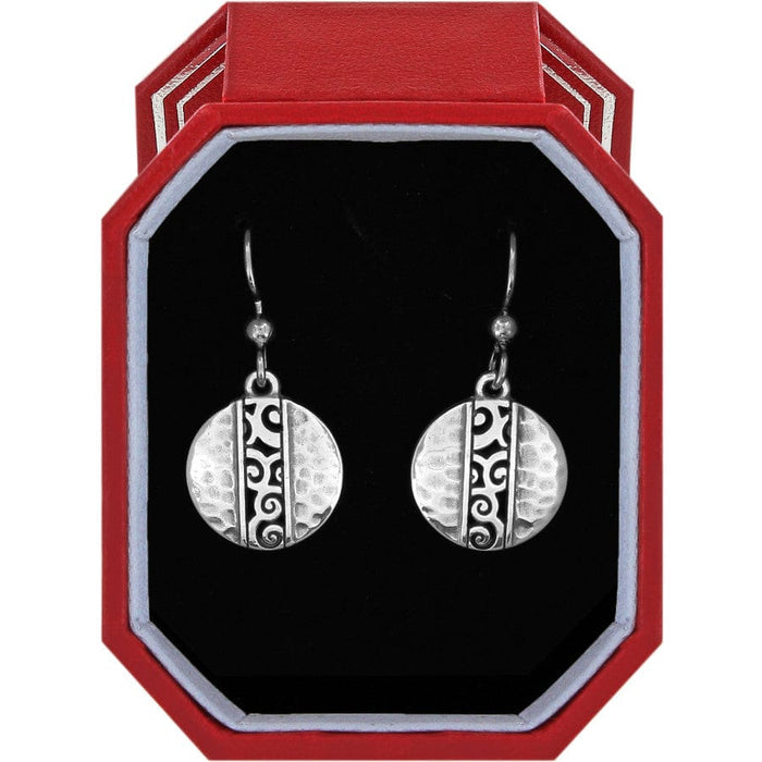 Brighton drop earrings with silver-plated round discs featuring hammered and scrollwork detail in red gift box