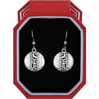 Brighton drop earrings with silver-plated round discs featuring hammered and scrollwork detail in red gift box