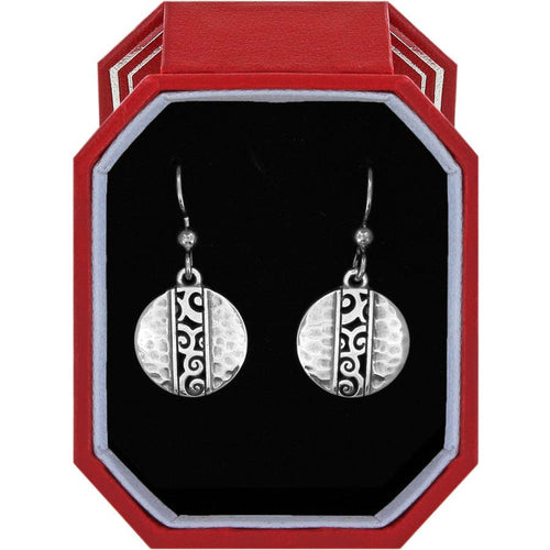 Brighton drop earrings with silver-plated round discs featuring hammered and scrollwork detail in red gift box