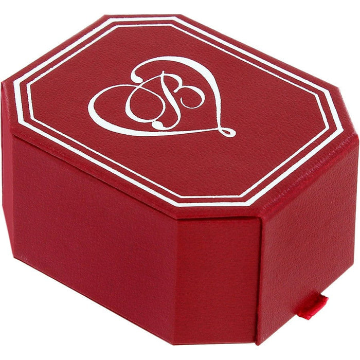 Brighton red octagonal jewelry gift box with white scrollwork heart emblem and double border on a white background