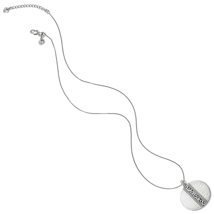 Brighton pendant necklace with silver-plated hammered disc, scroll detail, and adjustable chain on a white background