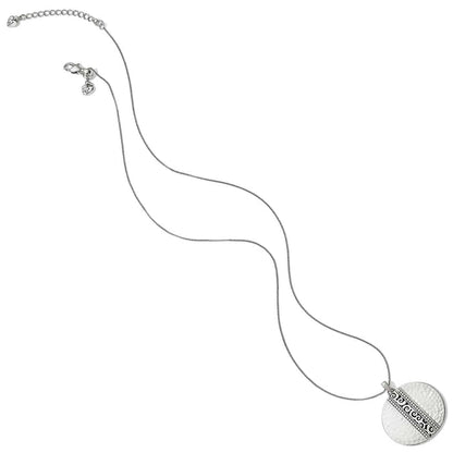 Brighton pendant necklace with silver-plated hammered disc, scroll detail, and adjustable chain on a white background