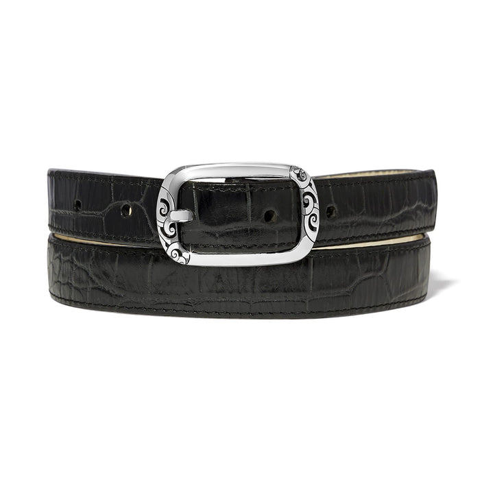Brighton belt in black croc-embossed leather with silver-tone engraved scroll buckle on a white background