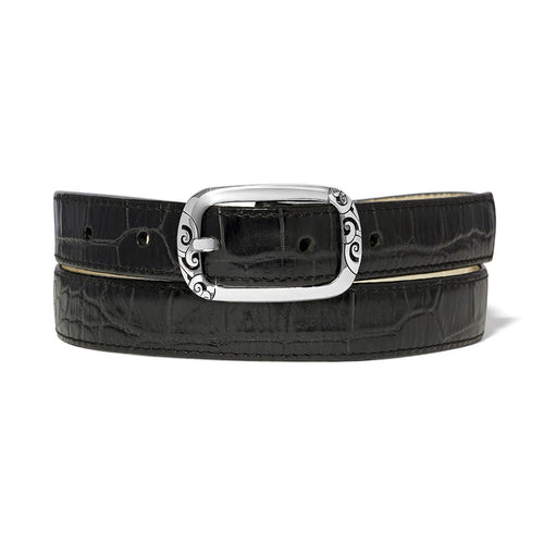 Brighton belt in black croc-embossed leather with silver-tone engraved scroll buckle on a white background