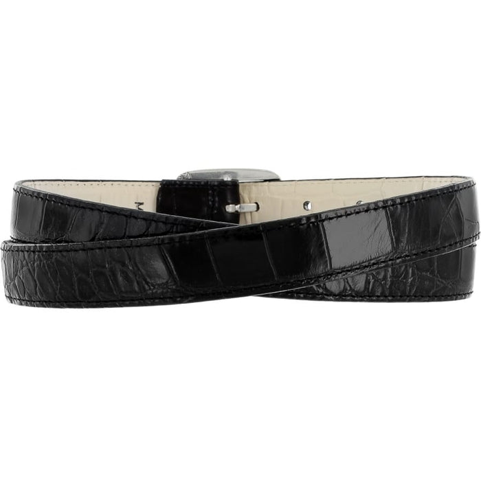 Brighton belt in black crocodile-embossed leather with silver-tone buckle, coiled to show length, on a white background