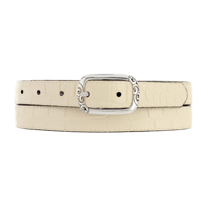 Brighton belt in cream croc-embossed leather with silver-tone rectangular buckle featuring scroll engraving on a white background