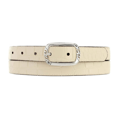 Brighton belt in cream croc-embossed leather with silver-tone rectangular buckle featuring scroll engraving on a white background