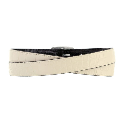 Brighton reversible leather belt with cream and black croc-embossed sides and silver-tone buckle on a white background
