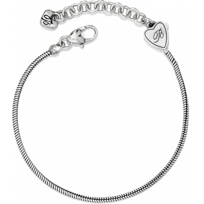 Brighton bracelet with silver-plated snake chain, lobster clasp, engraved heart charm, and crystal accent on a white background