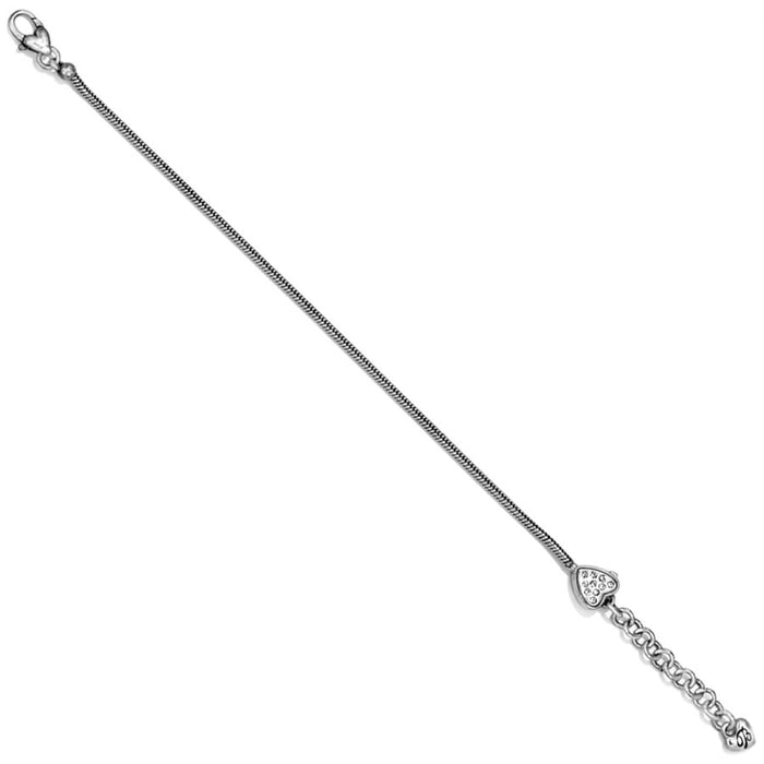 Brighton bracelet with silver-plated snake chain, crystal heart accent, and lobster clasp on a white background
