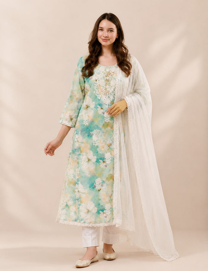 A woman modeling a traditional Indian salwar kameez set featuring a mint green and white floral printed kurta, white trousers, and a sheer white dupatta, set against a warm beige studio backdrop.