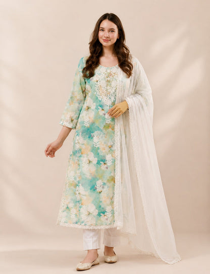 A woman modeling a traditional Indian salwar kameez set featuring a mint green and white floral printed kurta, white trousers, and a sheer white dupatta, set against a warm beige studio backdrop.