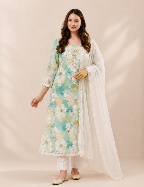 A woman modeling a traditional Indian salwar kameez set featuring a mint green and white floral printed kurta, white trousers, and a sheer white dupatta, set against a warm beige studio backdrop.