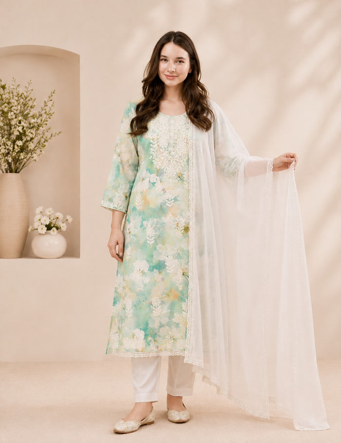 A woman models a traditional three-piece salwar kameez set featuring a mint green and white floral embroidered kurta, white trousers, and a sheer white dupatta, set against a warm beige background with decorative shelving.