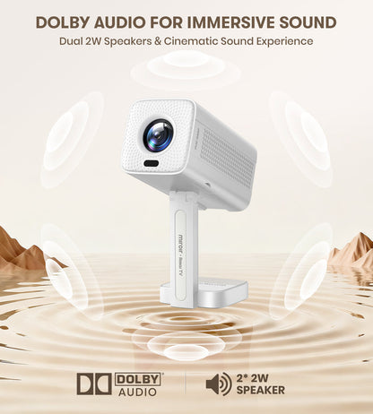 White camera with Dolby audio feature on a beige background