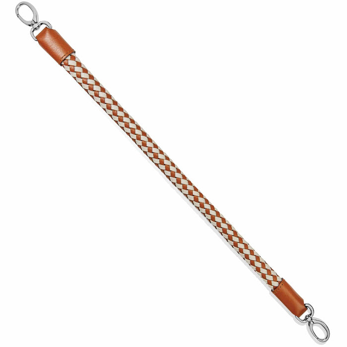 Brighton braided leather strap in tan and cream with silver-tone clip clasps at both ends on a white background