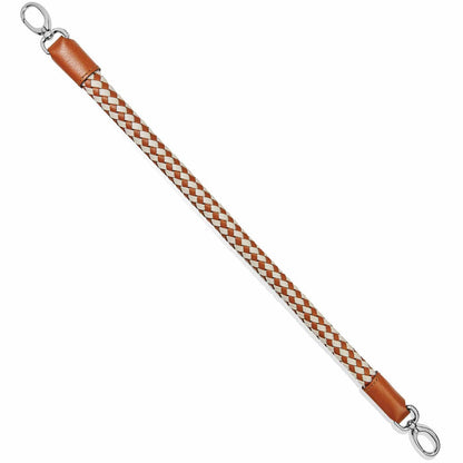 Brighton braided leather strap in tan and cream with silver-tone clip clasps at both ends on a white background