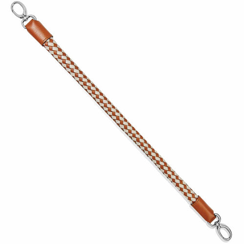 Brighton braided leather strap in tan and cream with silver-tone clip clasps at both ends on a white background