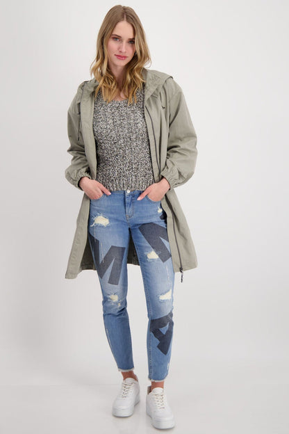 Monari 408305 Sage Green Silver Round Neck 3/4 Sleeve Jumper  Dotique