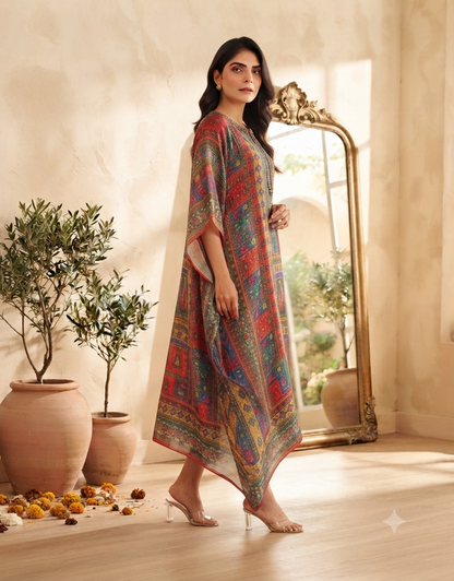 Model wearing a vibrant multi-color patterned kaftan dress in red, turquoise, and green with a matching background and decor.