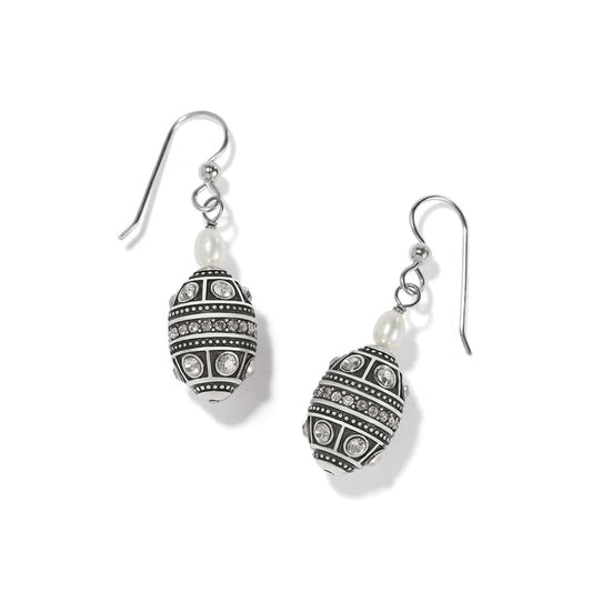 Brighton drop earrings with silver-plated oval beads, crystal accents, and freshwater pearls on a white background