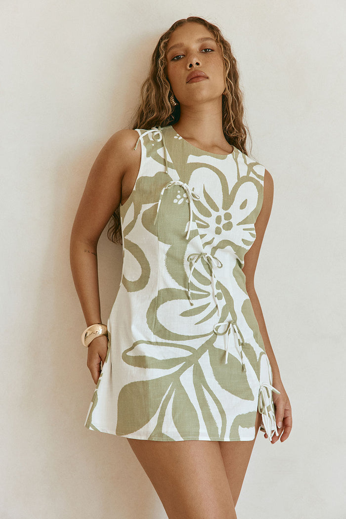 Green Paradisus Floral Print Bow Mini Natsuki Dress
