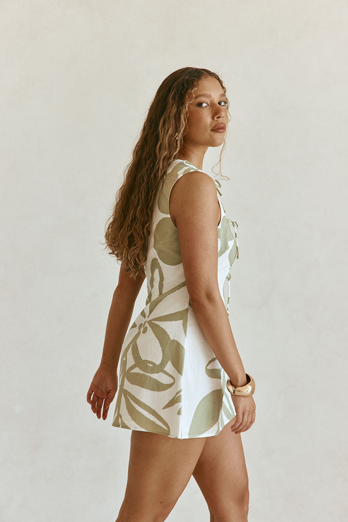 Green Paradisus Floral Print Bow Mini Natsuki Dress