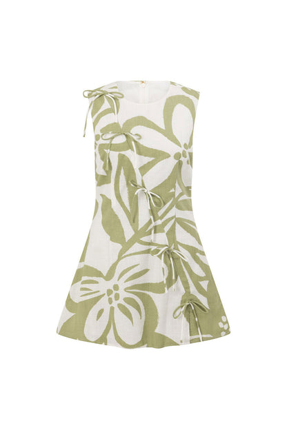Green Paradisus Floral Print Bow Mini Natsuki Dress
