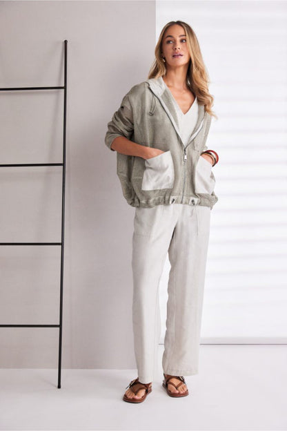 NAYA sand mesh hooded jacket featuring a zip front, contrast patch pockets, drawstring hem and relaxed fit design.