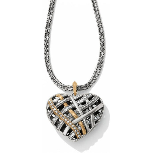 Brighton pendant necklace with silver-plated woven heart, gold-tone accents, and crystal details on a white background