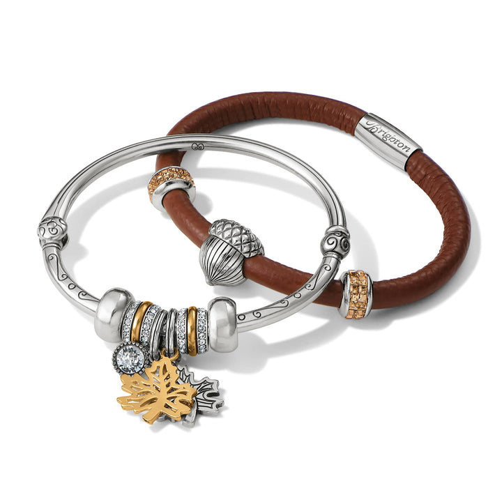 Brighton bracelets in silver-tone bangle and brown leather styles with crystal charms and leaf pendants on white background