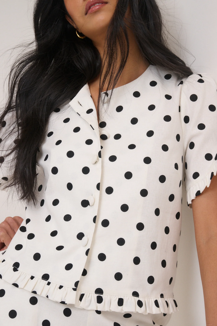 Nobody’s Child Ronne Frill Button Through Top Polka Dot by Nobody’s Child, shop stylish looks at Dotique.