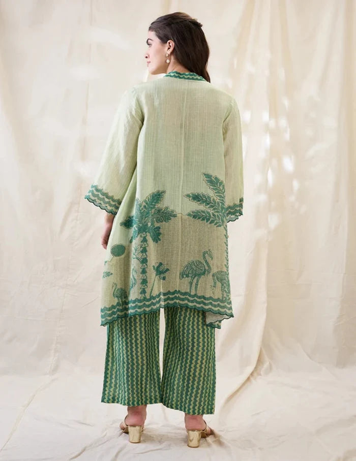 Mint Green Embroidered Kurta Set with Nature-Inspired Motifs and Printed Straight Pants for Women.