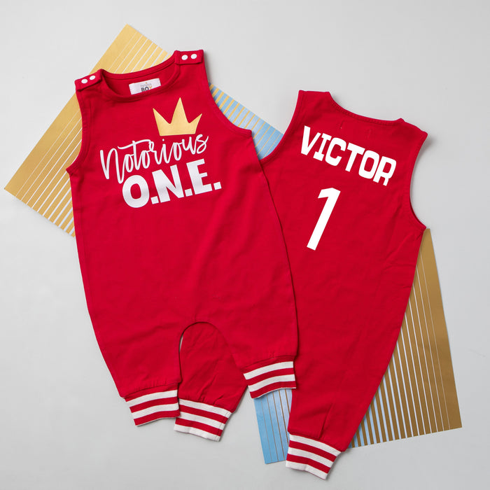 "Notorious One" First Birthday Personalized Romper with Striped Cuff