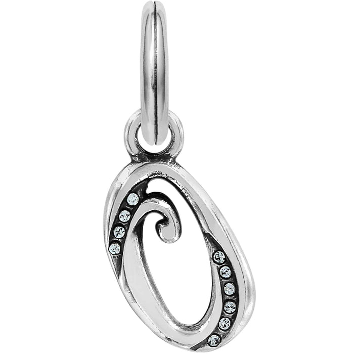Brighton letter O charm with silver-plated swirl design and crystal accents on a white background