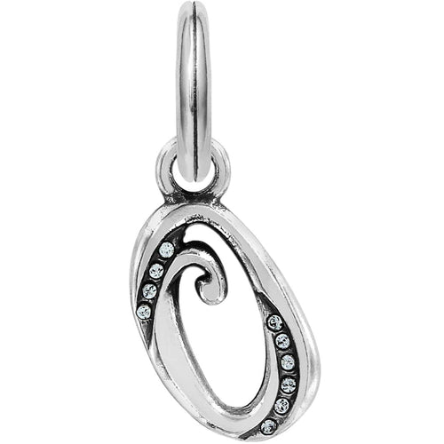 Brighton letter O charm with silver-plated swirl design and crystal accents on a white background