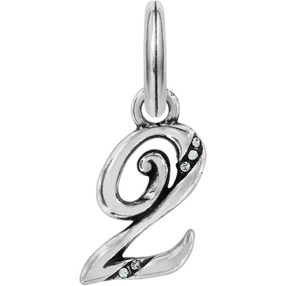Brighton initial charm shaped like cursive letter Q with silver-plated finish and crystal accents on a white background