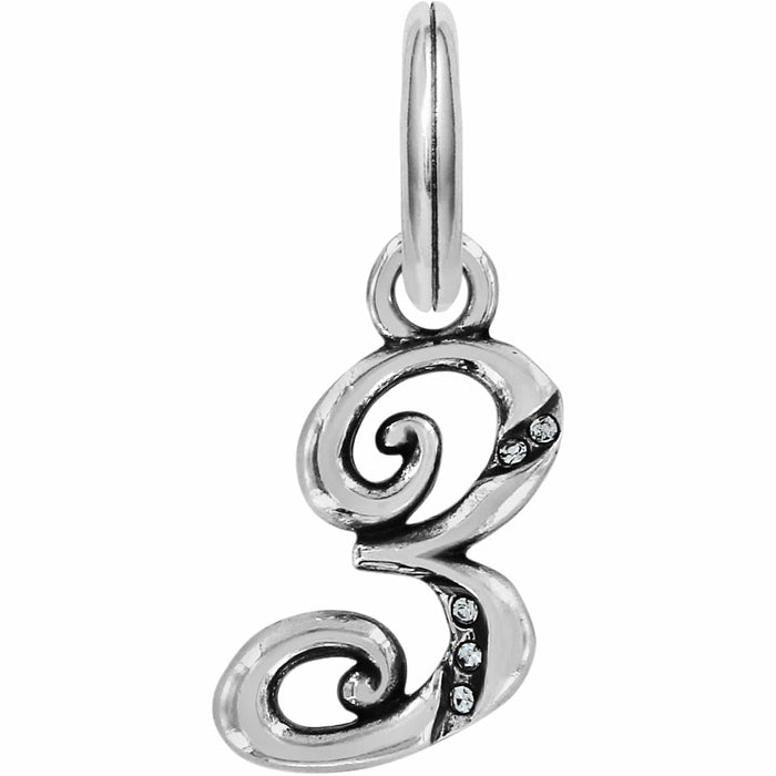 Brighton letter S charm with silver-plated swirl design and crystal accents on a white background
