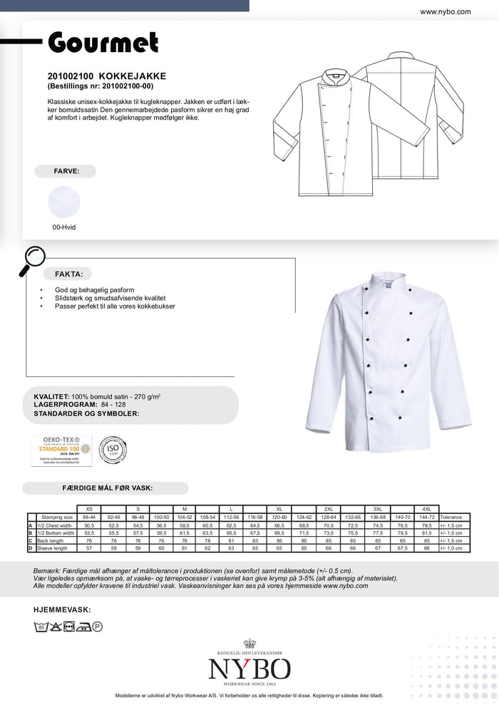 Nybo Hvid Unisex Gourmet Kokkejakke, Komfort, Bomullssatin
