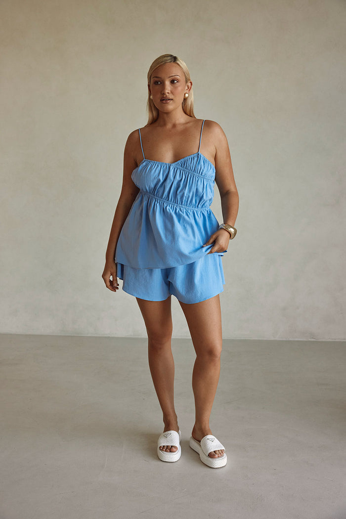 Blue Thin Strap Ruched Detail Octavia Top