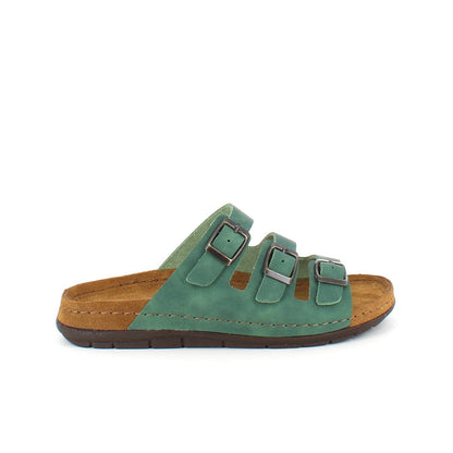 Olivgrön slip-on sandal i skinn med smala remmar