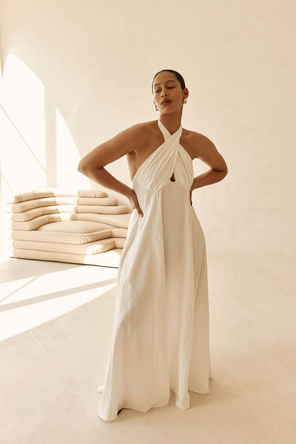 White Cross Neck Halter Laxi Oliviera Dress