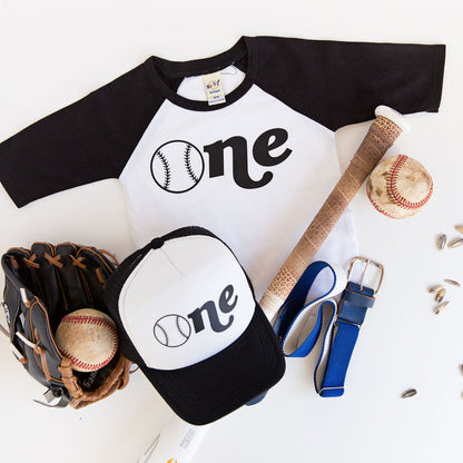 "ONE" Baseball First Birthday Raglan with Hat