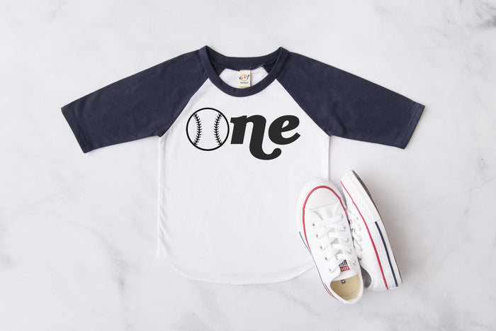 "ONE" Baseball First Birthday Raglan with Hat