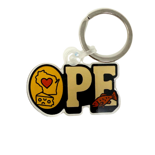 Keychain with 'OPE' design featuring a heart, cheese, and fish on a white background
