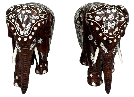 Pair of Vintage Bone Inlaid Rosewood Elephants.