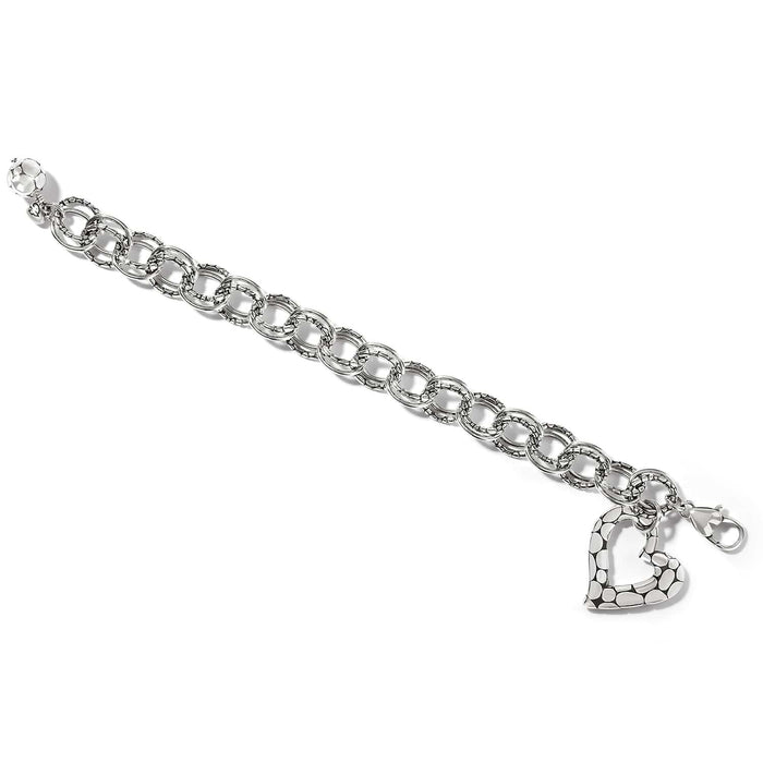 Brighton charm bracelet with silver-plated textured links, heart charm, and lobster clasp on a white background
